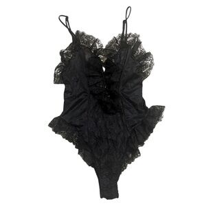 DELICATES Black Lace Teddy S Open Front Sheer Ruffle Chemise Bodysuit Lingerie